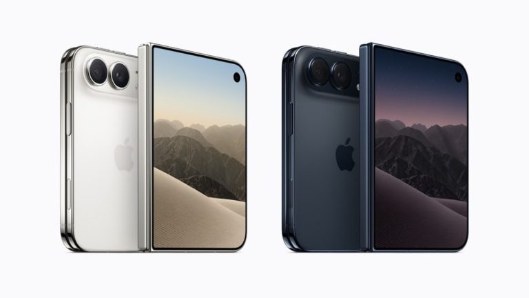 Four Apple iPhone Duo devices shown open and closed in two finishes