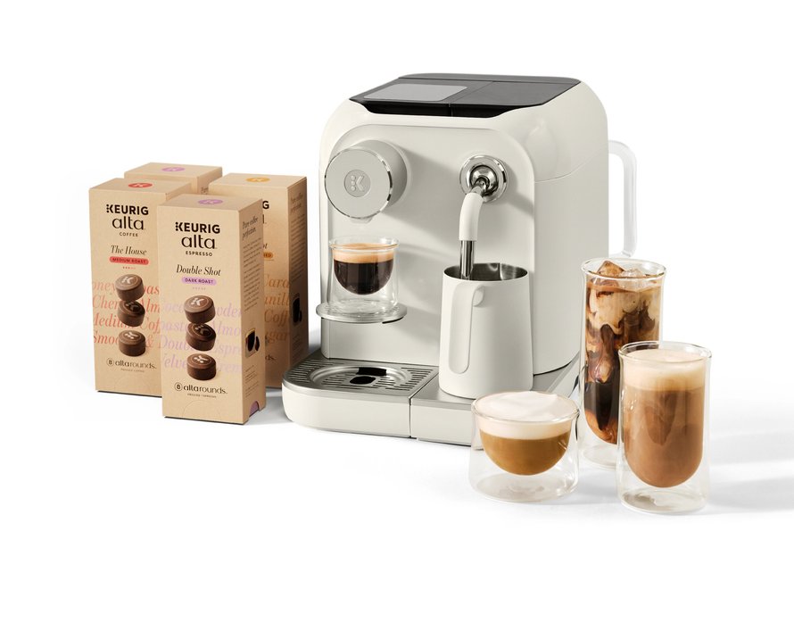 Keurig Alta brewer with AltaRounds coffee boxes and glassware
