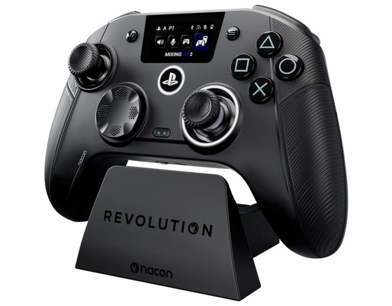 Nacon Revolution 5 Unlimited PS5 controller with built-in screen on its charging dock