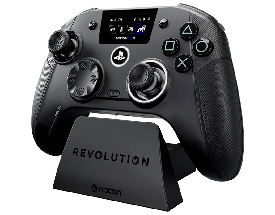 Nacon Revolution 5 Unlimited PS5 controller with built-in screen on its charging dock