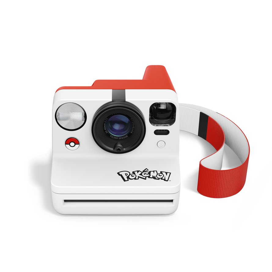 Polaroid Now Generation 3 Pokemon Edition instant camera in red and white with Poke Ball shutter button and strap