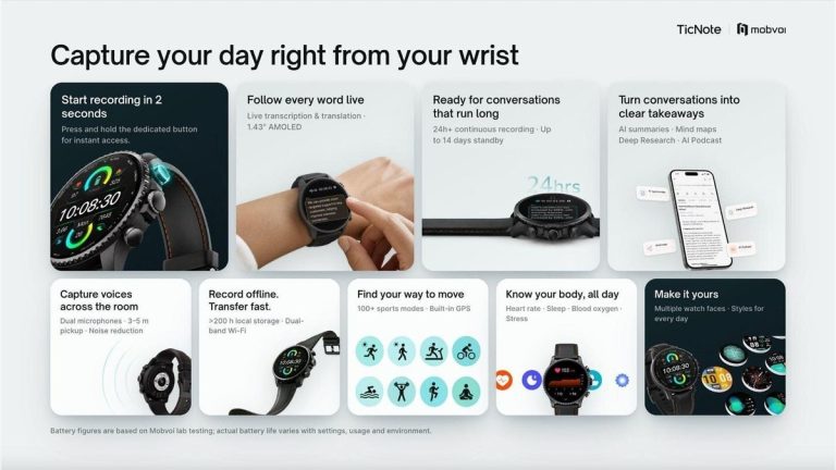 TicNote Watch showing its interface on a wrist